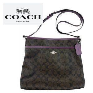 Coach Signature File Crossbody Bag / Purse Brown W/ Purple Trim - EUC